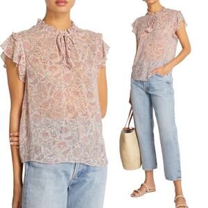 MISA Basia Top Floral Print Tassel Ties V Neck Semi Sheer Chiffon Light Pink XS